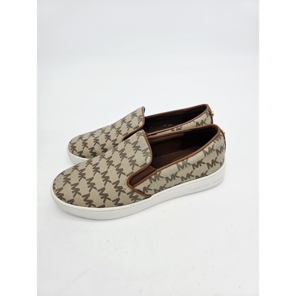 Michael Kors Women's Keaton Slip-On Shoes Tan Brown All Over MK Logo Size 6‎